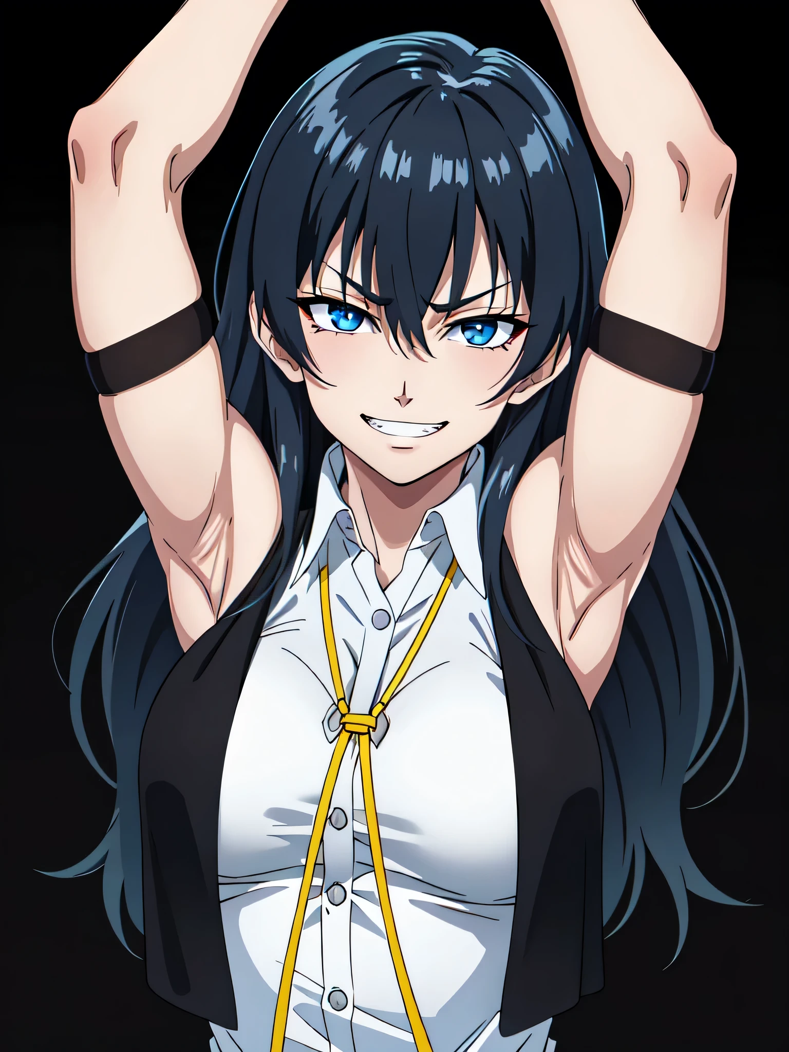 Roberta, long hair, black hair, large breasts, very long hair, breasts, blue eyes, low-tied long hair, string tie, yellow string tie, shirt, white shirt, collared shirt, open collar, sleeveless shirt, vest, black vest, sleeveless vest, open vest, sleeveless, bare shoulders, bare arms, 1girl, solo, anime screencap, frontlighting, (simple background, black background, dark background:1.3), masterpiece, absurdres, hdr, soft light, best quality, detailed, highres, shiny skin, shiny hair, (looking at viewer, eye contact with viewer:1.5), evil smile, evil smug, smirk, teeth, clenched teeth, arms up, raised arms, armpits, in the center, symmetrical, upright,