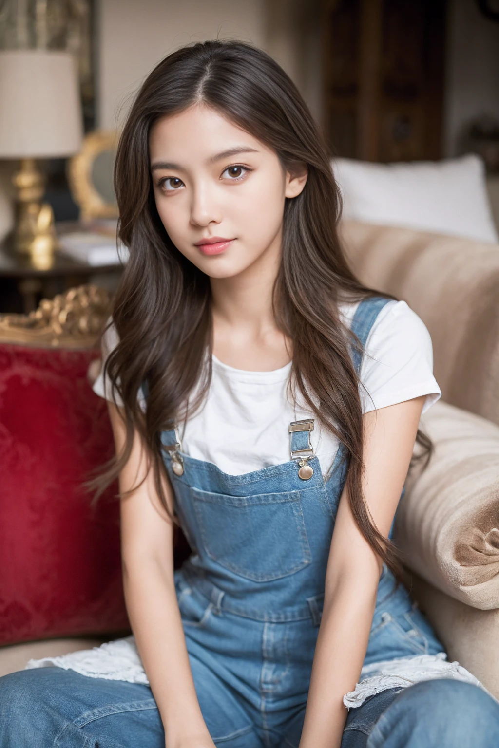 +masterpiece, Highest quality, Very detailed, Female student, Beautiful Face, Rich details, (Long white hair), Perfect Face, Overalls, Sitting, close, Shabby sofa