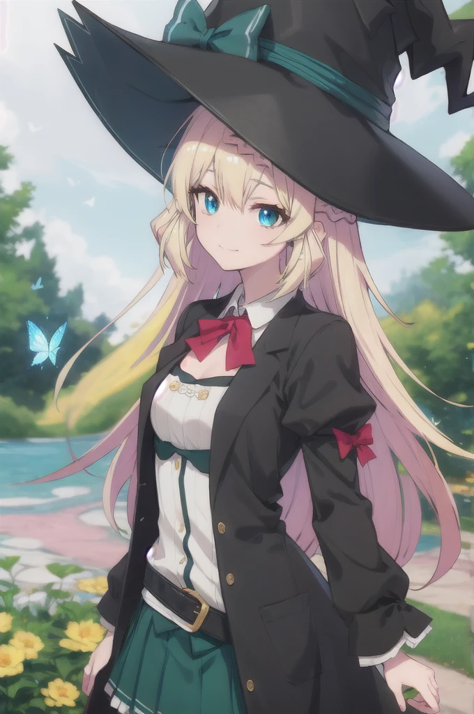 masterpiece, best quality, ultra-detailed, glistening shiny, glowing light, ray tracing, HDR, deph of field, (perfect face, detailed face), aizawaazusa, very long hair, braid, small breasts, v, smug, white shirt, green skirt, belt, black coat, witch hat, standing, best quality,masterpiece,ultra-realistic,portrait of 1 beautiful and delicate girl,with a soft and peaceful expression,the background scenery is a garden with flowering bushes and butterflies flying around, (masterpiece), best quality, expressive eyes, perfect face
