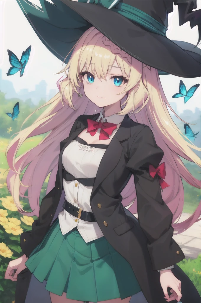 masterpiece, best quality, ultra-detailed, glistening shiny, glowing light, ray tracing, HDR, deph of field, (perfect face, detailed face), aizawaazusa, very long hair, braid, small breasts, v, smug, white shirt, green skirt, belt, black coat, witch hat, standing, best quality,masterpiece,ultra-realistic,portrait of 1 beautiful and delicate girl,with a soft and peaceful expression,the background scenery is a garden with flowering bushes and butterflies flying around, (masterpiece), best quality, expressive eyes, perfect face
