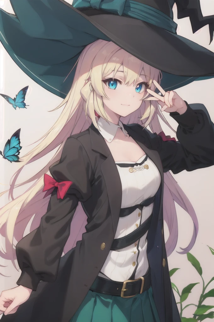 masterpiece, best quality, ultra-detailed, glistening shiny, glowing light, ray tracing, HDR, deph of field, (perfect face, detailed face), aizawaazusa, very long hair, braid, small breasts, v, smug, white shirt, green skirt, belt, black coat, witch hat, standing, best quality,masterpiece,ultra-realistic,portrait of 1 beautiful and delicate girl,with a soft and peaceful expression,the background scenery is a garden with flowering bushes and butterflies flying around, (masterpiece), best quality, expressive eyes, perfect face
