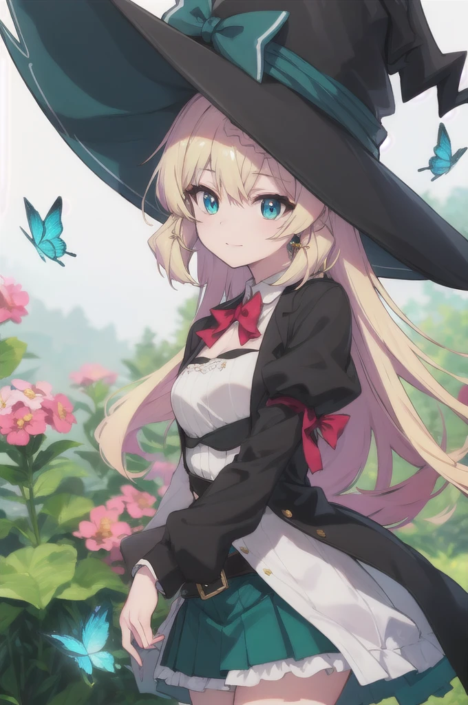 masterpiece, best quality, ultra-detailed, glistening shiny, glowing light, ray tracing, HDR, deph of field, (perfect face, detailed face), aizawaazusa, very long hair, braid, small breasts, v, smug, white shirt, green skirt, belt, black coat, witch hat, standing, best quality,masterpiece,ultra-realistic,portrait of 1 beautiful and delicate girl,with a soft and peaceful expression,the background scenery is a garden with flowering bushes and butterflies flying around, (masterpiece), best quality, expressive eyes, perfect face
