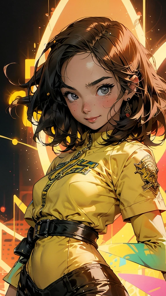 Anime style illustration of a female character with black and brown hair.., smiling on a yellow background. The artwork features bright colors.., Intricate details and sharp focus with high resolution and high level of detail. It has a perfect composition in anime art style with Japanese manga art style... The rendering is of the best quality in the style of Akira Toriyama and Nyo... --AR 21:32
