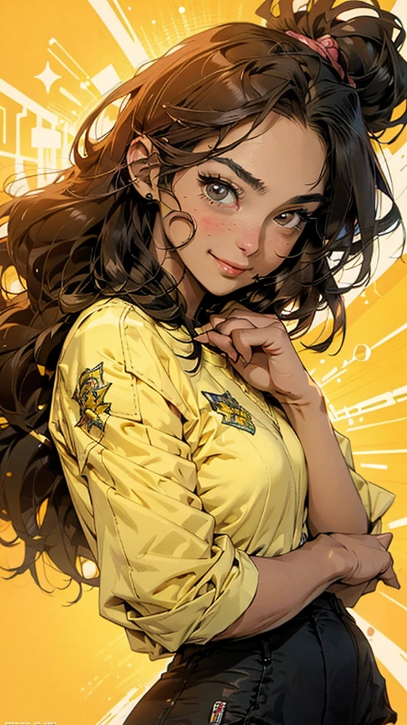 Anime style illustration of a female character with black and brown hair.., smiling on a yellow background. The artwork features bright colors.., Intricate details and sharp focus with high resolution and high level of detail. It has a perfect composition in anime art style with Japanese manga art style... The rendering is of the best quality in the style of Akira Toriyama and Nyo... --AR 21:32
