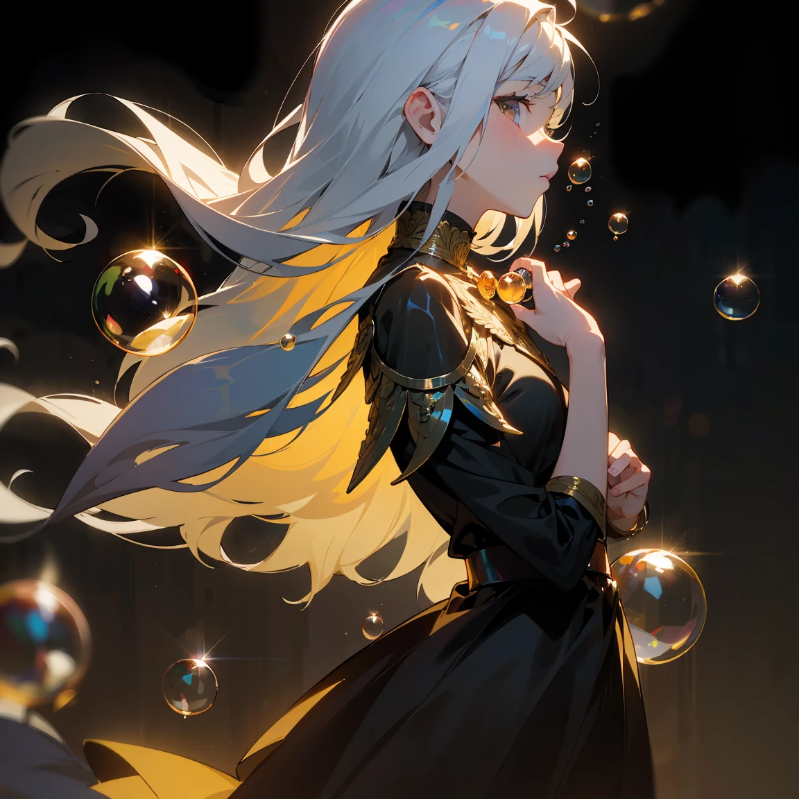 1 adult, masterpiece, best quality, woman, look at the viewer, ((she touching a bubble)), in the universe, with a black dress, golden details, ((looking pretty)), ((very confident)), white hair, silver eyes, long straight hair, many bubbles around, beautiful body, self-confident, powerful, epic, bubbles falling, conceptual art, goddess, divine light from heaven, ((profile picture)), ((profile plane)), ((looking up)), ((bubbles falling on his face)), ((half body)), ((close up shot))