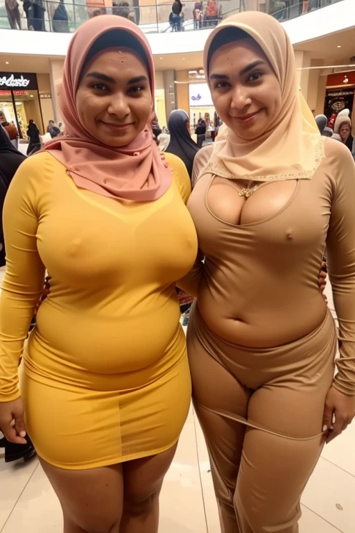 indahnorjannah, naked, Hijab moms, two moms, wear sexy transparent yellow lingerie, plump curvy body, huge tits, at shopping mall crowded people.