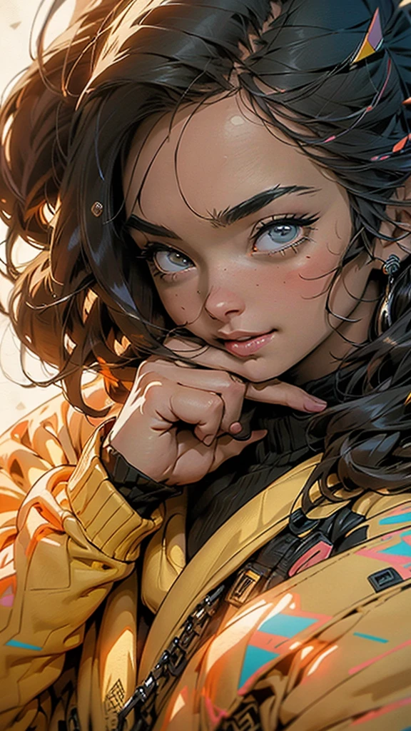 Anime style illustration of a female character with black and brown hair.., smiling on a yellow background. The artwork features bright colors.., Intricate details and sharp focus with high resolution and high level of detail. It has a perfect composition in anime art style with Japanese manga art style... The rendering is of the best quality in the style of Akira Toriyama and Nyo... --AR 21:32