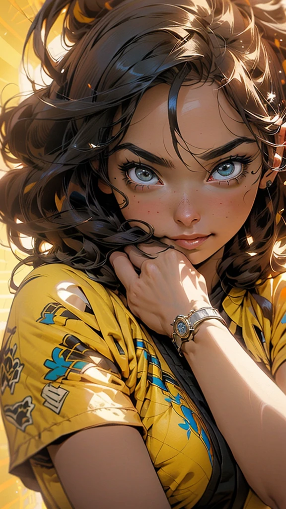Anime style illustration of a female character with black and brown hair.., smiling on a yellow background. The artwork features bright colors.., Intricate details and sharp focus with high resolution and high level of detail. It has a perfect composition in anime art style with Japanese manga art style... The rendering is of the best quality in the style of Akira Toriyama and Nyo... --AR 21:32