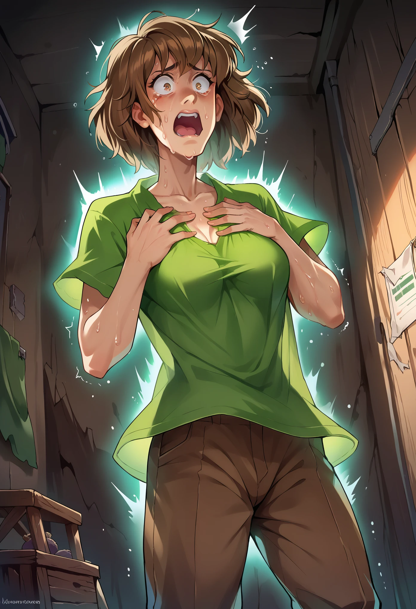 score_9, score_8_up, score_7_up, 1girl, solo, Shaggy Rogers, slender body, medium breasts, brown hair, medium hair, green shirt, brown pants, standing, shocked face, hands on chest, shaking, sweating, screaming, nervous, female crotch, looking down, inside a room, abandoned room, dark room, night
