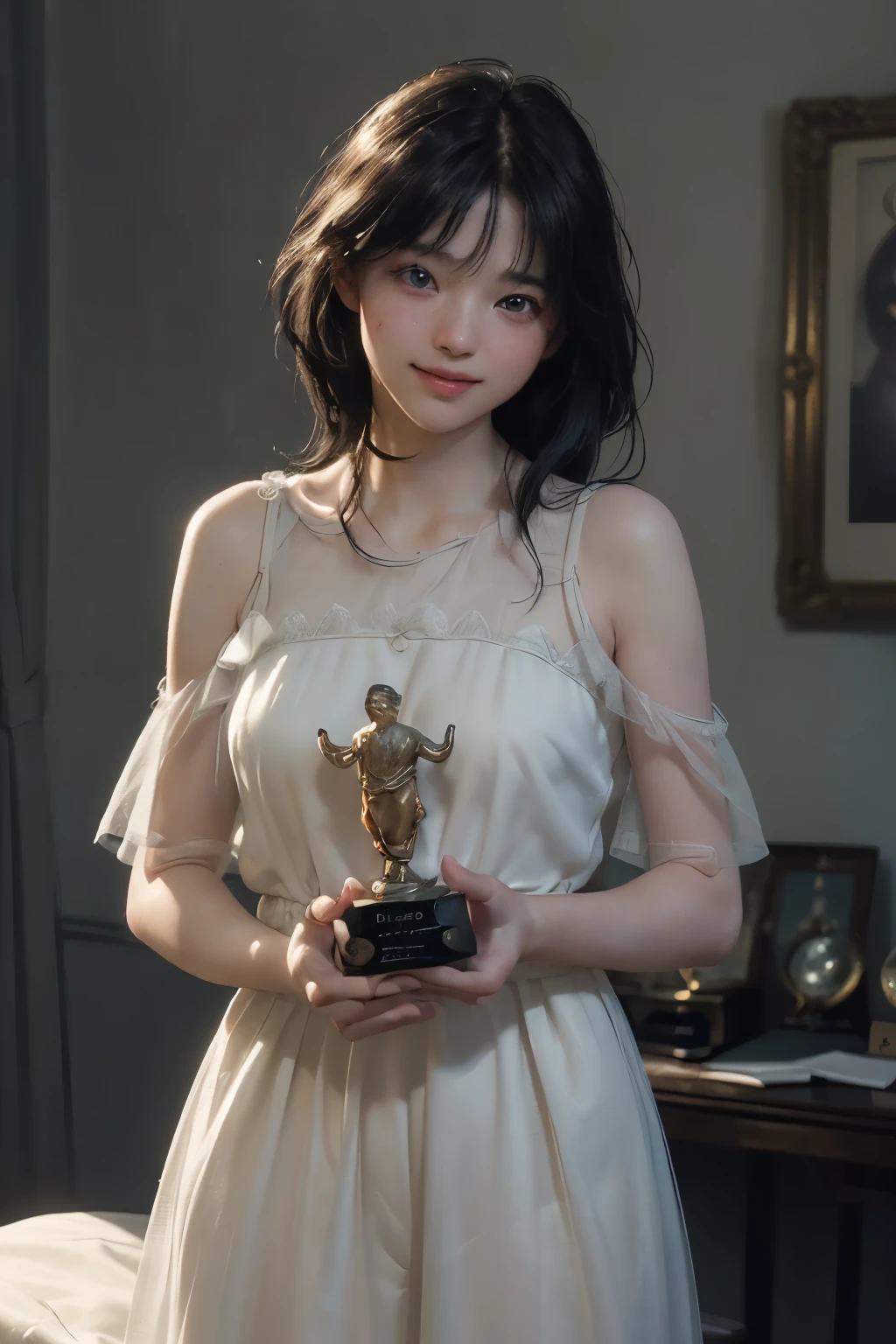 (Award-winning photo: 1.5), (joy19), (Delicate and captivating), (Portrait), (Freckles: 0.1), (Long, luscious black hair), (Cute and endearing smile), (Cinematic lighting), (High resolution), (Realistic skin texture), (Detailed features), (Beautiful and captivating), (Masterpiece), (Realistic and intricate), (Raw photo), (Best quality), (Emphasis on the delicate features), (Award-winning artist: Sarah Williams).