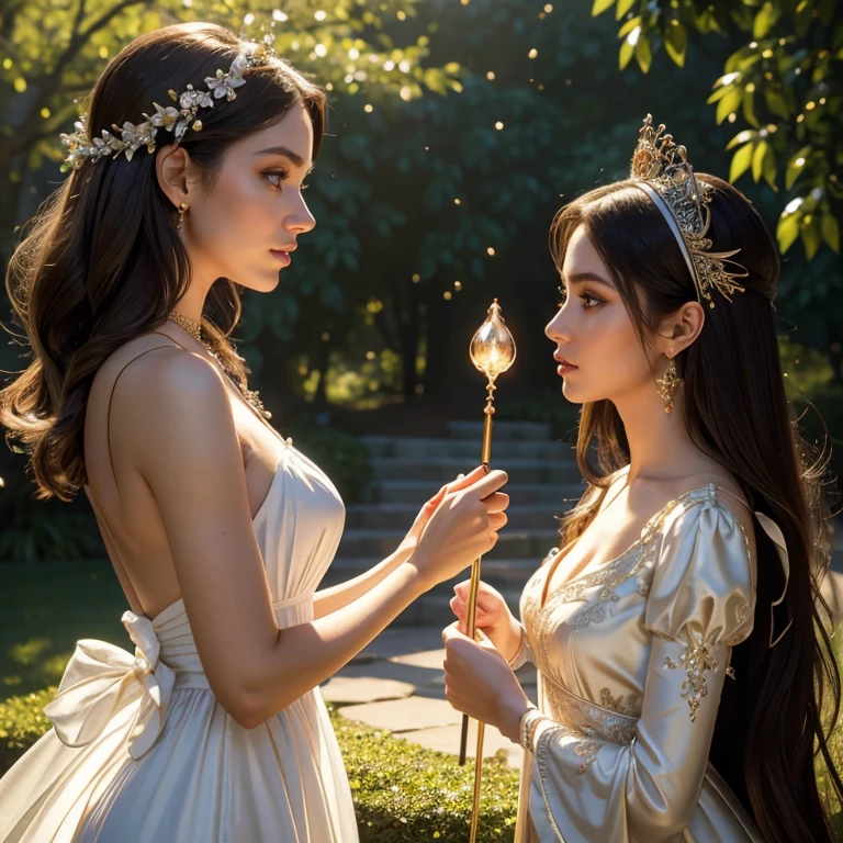 (masterpiece, best quality:1.5), highest quality, High resolution, super detailed, Realists, Upper body photo of a brunette sorceress, detailed and beautiful eyes, beautiful detailed lips, very detailed eyes and face, longeyelashes, shiny white satin dress, Holding a wand in your hand and performing a transformation spell, Magic wands present and shiny, Beautiful and colorful makeup, elegant and noble々The jewelry bag, Gardens as background, soft daylight, bright colors, fine brushstrokes, Portrait style, Silk dress fabric, beautiful color palette, glowing skin, First-class rendering, that captures every detail, enchanting atmosphere, subtle shadows and lights, (perfect anatomy:1.2), (The two stunning sorceresses transform cats into dresses (a transformation with the magic wand:1.4), (magnificent panorama view:1.2)