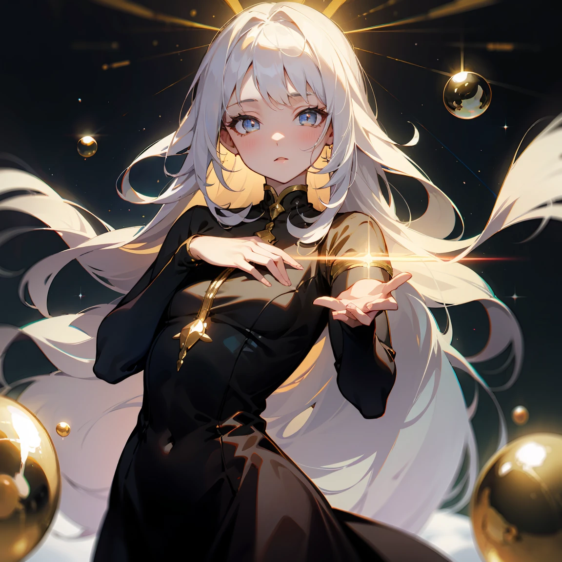1 adult, masterpiece, best quality, woman, look at the viewer, ((she touching a bubble)), in the universe, with a black dress, golden details, ((looking pretty)), ((very confident)), white hair, silver eyes, long straight hair, many bubbles around, beautiful body, self-confident, powerful, epic, bubbles falling, conceptual art, goddess, divine light from heaven