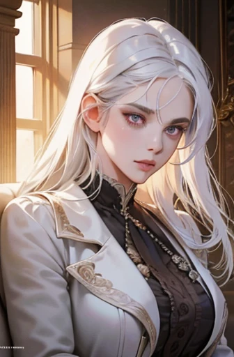 a determined victorian era woman in her early 30's, scientist, pristine white labcoat, straight white hair, striking purple eyes, side-swept bangs, wearing a monocle, long black gloves, detailed realistic portrait, photorealistic, hyperrealistic, 8k, detailed clothing, beautiful detailed eyes, beautiful detailed lips, extremely detailed face, intricate ornate details, cinematic lighting, dramatic shadows, warm color tones, natural lighting, highly detailed, masterpiece, artstation, sharp focus, hyper detailed, full body
