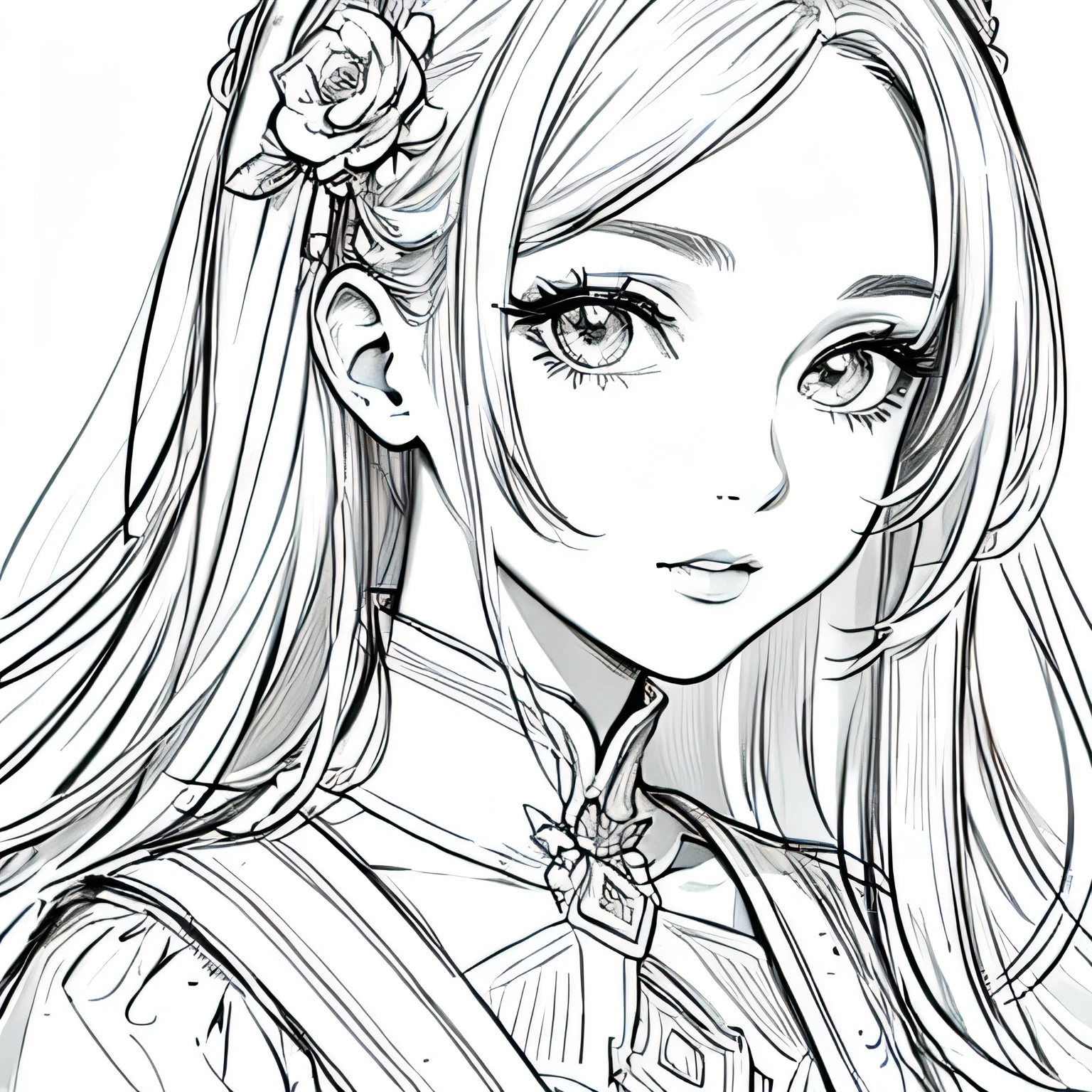 masterpiece, superlative, a young girl of 18 years looking attractive ,feminine , soli, Close-up do Busto, flower line drawing background, White background, monocromatic, line drawing, ((sketch))
