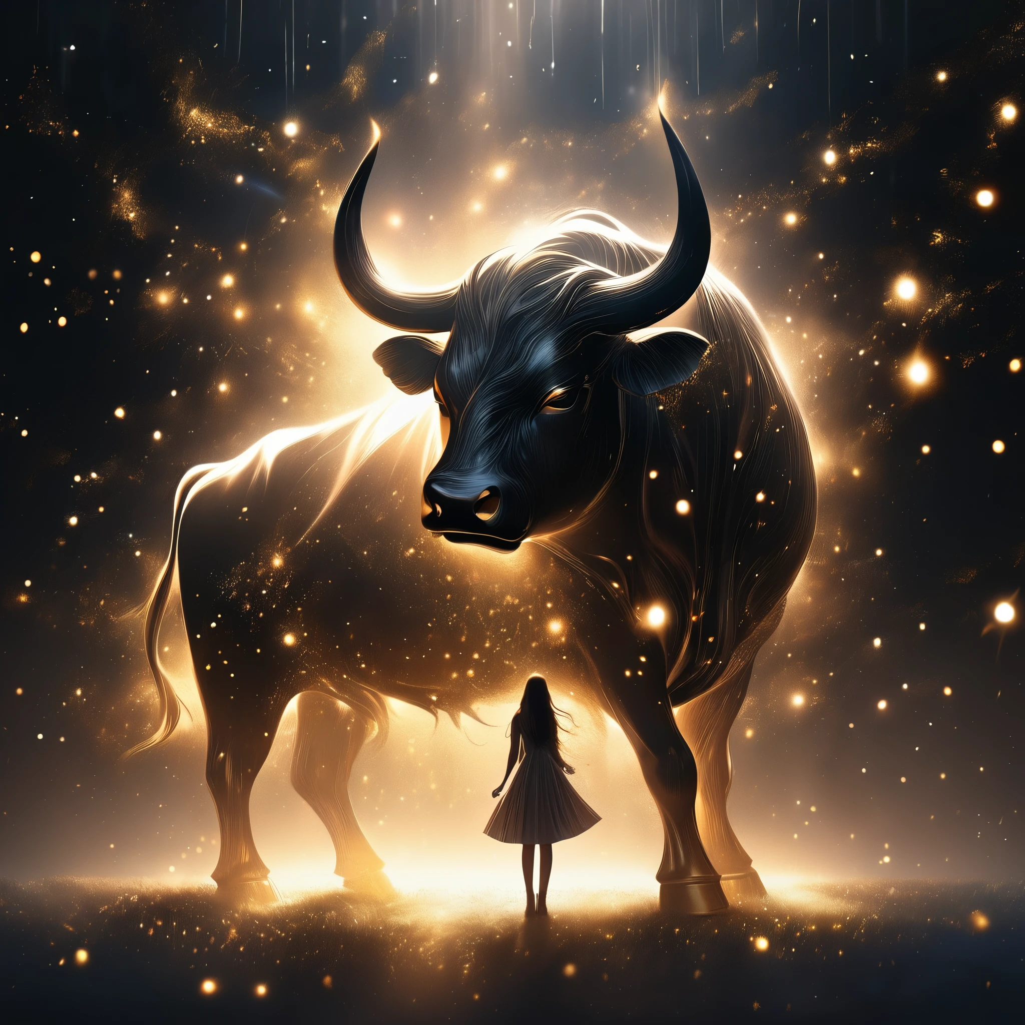 {worst quality, low quality},A girl stands in the dark, surrounded by light particles and shimmering gold sparks that form an ethereal glowing Bull silhouette above her head. The atmosphere is mysterious with soft lighting creating a magical ambiance. Digital illustration, Best Quality, Super Detailed,