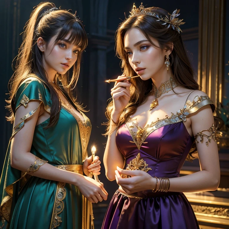 (​masterpiece, best quality:1.5), highest quality, High resolution, super detailed, Realists, Upper body photo of a brunette sorceress, detailed and beautiful eyes, beautiful detailed lips, very detailed eyes and face, longeyelashes, shiny purple satin dress, Holding a wand in your hand and performing a transformation spell, Magic wands present and shiny, Beautiful and colorful makeup, elegant and noble々The jewelry bag, Gardens as background, soft daylight, bright colors, fine brushstrokes, Portrait style, Silk dress fabric, beautiful color palette, glowing skin, First-class rendering, that captures every detail, enchanting atmosphere, subtle shadows and lights, (perfect anatomy:1.2), (The two stunning magicians transform dresses (a transformation with the magic wand:1.4), (magnificent panorama view:1.2)