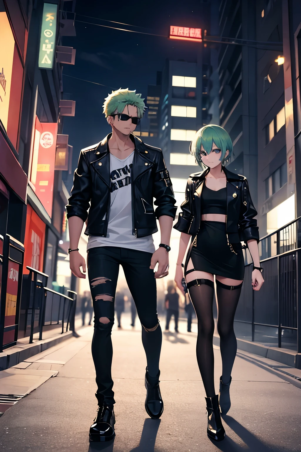 An 18-year-old boy with the air of a youthful bandit walks through the streets of a modern city at night. Her very short green hair, in the style of Zoro from One Piece, contrasts with his penetrating blue eyes that are hidden behind dark glasses. Dress with a black leather jacket, tight t-shirt and worn jeans, emanating an attitude of rebellion and confidence. The light from the street lamps reflects on his face as he walks through the shadows of the buildings, his figure wrapped in an aura of mystery and danger.