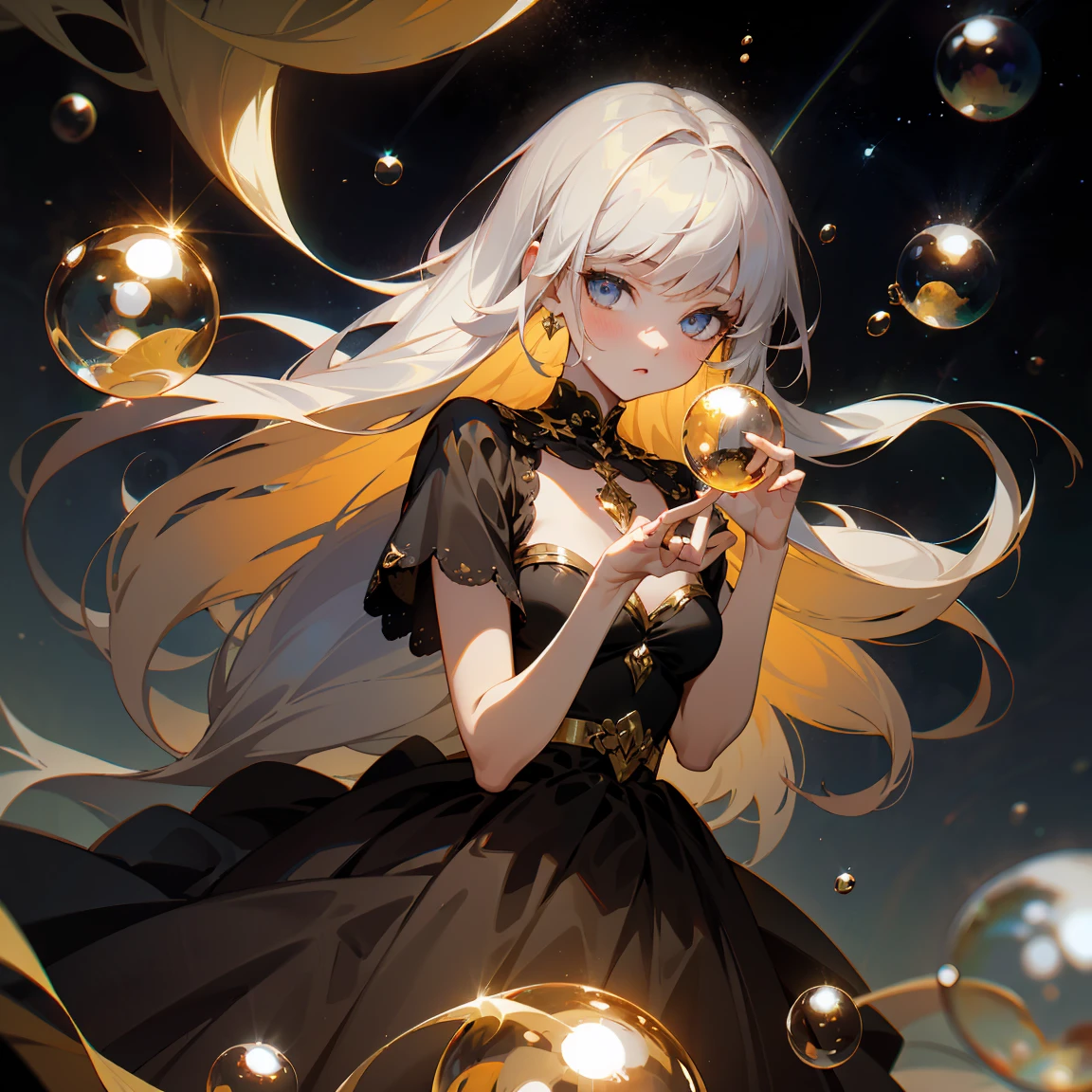 1 adult, masterpiece, best quality, woman, look at the viewer, ((she touching a bubble)), in the universe, with a black dress, golden details, ((looking pretty)), ((very confident)), white hair, silver eyes, long straight hair, many bubbles around, beautiful body, self-confident, powerful, epic, bubbles falling, conceptual art, goddess, divine light from heaven, ((different angles)), ((different perspectives))