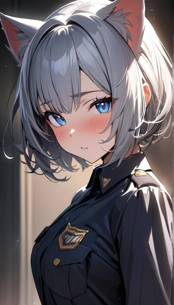 1girl、(((best quality)), ((masterpiece)), (details), masterpiece, best quality, high quality, ulutra detailed, perfect face, ((1girl, Blue eyes, cat ears: 1.3 silver bob hair: 2.5,)) 、Shiny Hair、Glowing Skin、blush、Lustful look、whole body、Police Officer Costume、Police officer's tight skirt、Policeman's hat、Black stiletto heels、salute、Embarrassed smile、Holding a Japanese sword、police box、Police Station Background、whole body