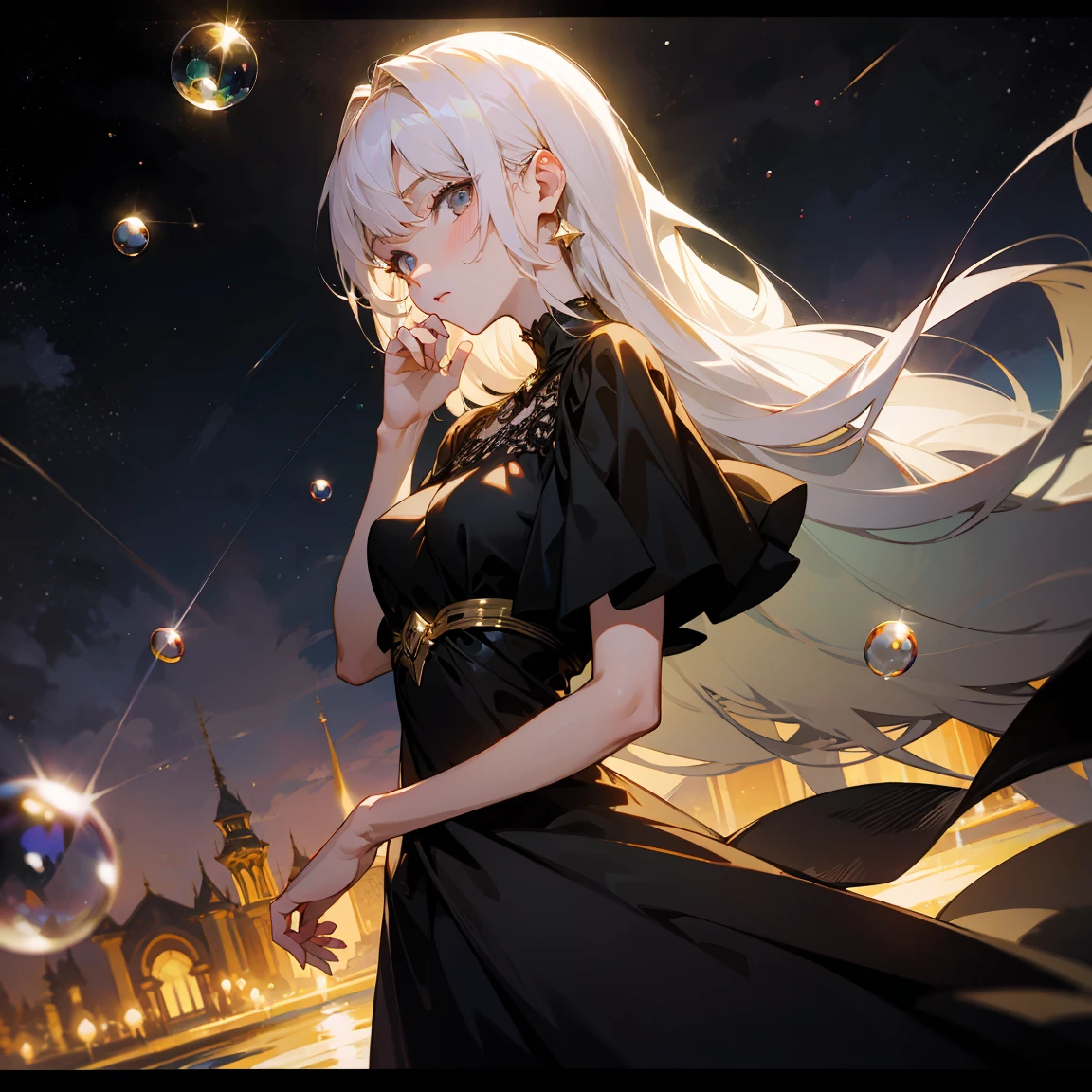 1 adult, masterpiece, best quality, woman, look at the viewer, ((she touching a bubble)), in the universe, with a black dress, golden details, ((looking pretty)), ((very confident)), white hair, silver eyes, long straight hair, many bubbles around, beautiful body, self-confident, powerful, epic, bubbles falling, conceptual art, goddess, divine light from heaven, ((different angles))