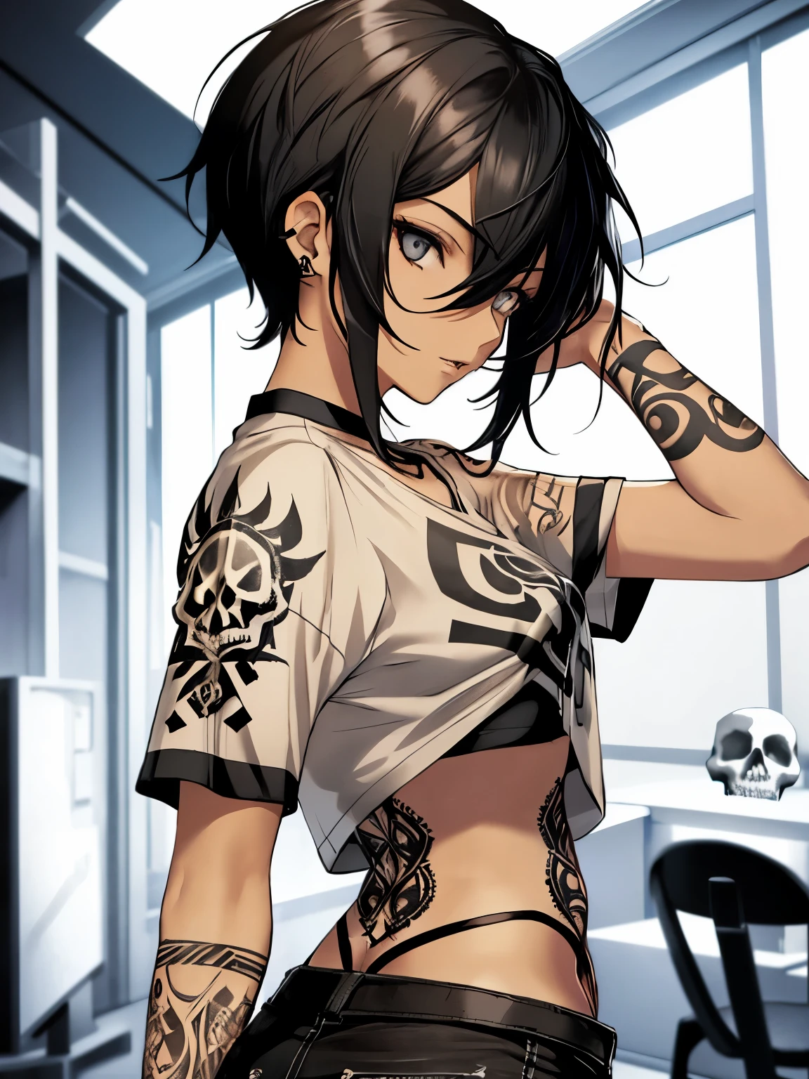 1girl, tomboy, black hair, side-swept pixie hair, cropped shirt, short sleeves, black thong, skinny, skull print, indoors, tattoos, arm tattoos, looking at viewer, hourglass figure