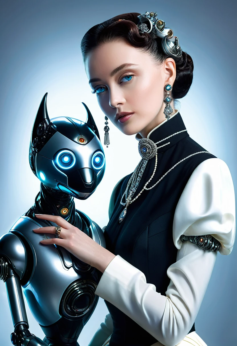 A portrait of a noblewoman in classic attire, her gaze piercing, yet her hand rests on a futuristic robotic pet that sits loyally by her side