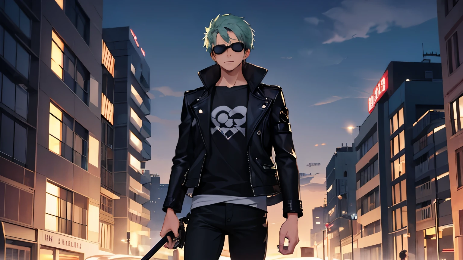 An 18-year-old boy with the air of a youthful bandit walks through the streets of a modern city at night. Her very short green hair, in the style of Zoro from One Piece, contrasts with his penetrating blue eyes that are hidden behind dark glasses. Dress with a black leather jacket, tight t-shirt and worn jeans, emanating an attitude of rebellion and confidence. The light from the street lamps reflects on his face as he walks through the shadows of the buildings, his figure wrapped in an aura of mystery and danger.