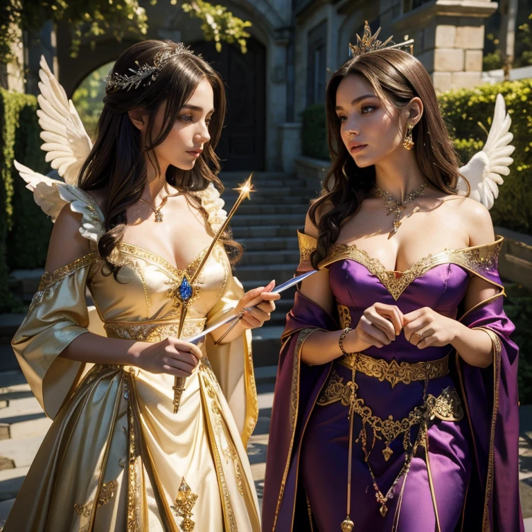 (masterpiece, best quality:1.5), highest quality, High resolution, super detailed, Realists, Upper body photo of a brunette sorceress, detailed and beautiful eyes, beautiful detailed lips, very detailed eyes and face, longeyelashes, shiny satin dress, Holding a wand in your hand and performing a transformation spell, Magic wands present and shiny, Beautiful and colorful makeup, elegant and noble々The jewelry bag, Gardens as background, soft daylight, bright colors, fine brushstrokes, Portrait style, Silk dress fabric, beautiful color palette, glowing skin, First-class rendering, that captures every detail, enchanting atmosphere, subtle shadows and lights, (perfect anatomy:1.2), (The two stunning sorceresses transform chickens into jewelry (a transformation with the magic wand:1.4), (magnificent panorama view:1.2)