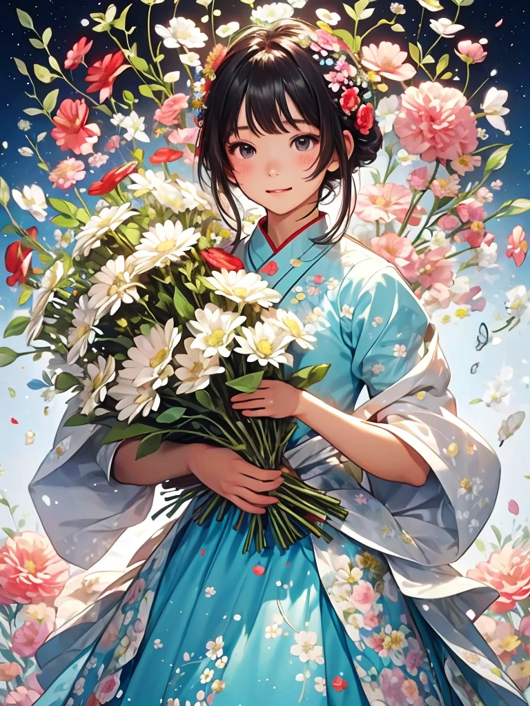 Close-up holding a bouquet, Made of flowers少女, Girl in Flowers, Made of flowers, covered With flowers, With flowers, Carrying flowers, Full of flowers, Covered with flowers, Holding flowers, Lee Song, By Chiho Aoshima, By Niduan, Cute artwork, Jan Born, Presenting flowers to the heir&#39;cheek