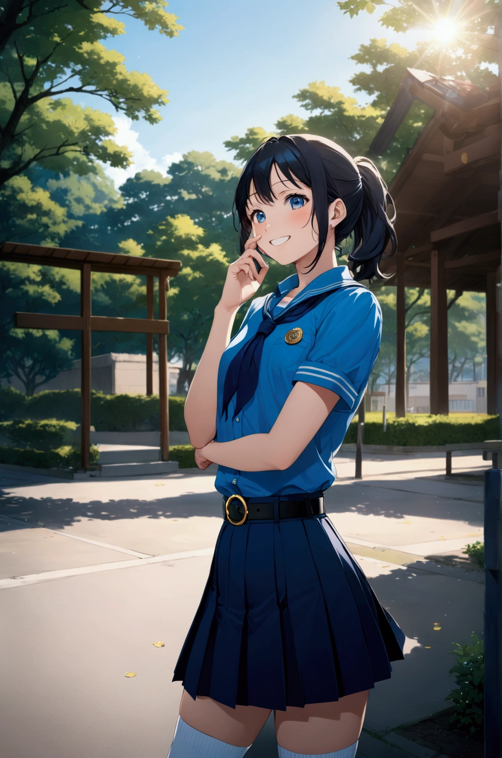 anime illustration of pretty teenage girl, black ponytail hair girl , standing at school yard under the sunshine with smiling (+teeth, braces), her hand touching her cheek, front view, looking at viewer, she wearing azure-blue short sleeves collared shirt, navy-blue neckerchief, navy-blue pleated pencil long skirt, black belt with gold circle buckle, and white socks, (1girl, solo,full body), (masterpiece, best quality, japanese anime style), BREAK, (azure-blue short sleeves collared shirt, navy-blue neckerchief, navy-blue pleated pencil long skirt, black belt with gold circle buckle, and white socks)
