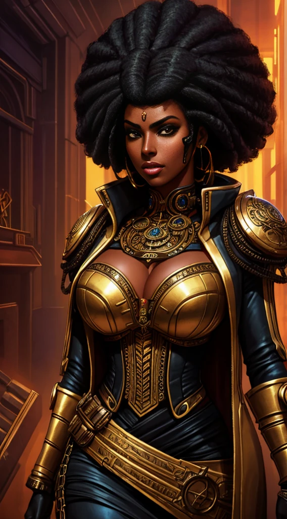 a black woman, afrofuturistic steampunk cyberpunk outfit, dark skin, black hair, brass accessories, sultry expression, dynamic pose, high-quality, intricate details, cinematic lighting, rich colors, dramatic atmosphere, photorealistic, award-winning digital art