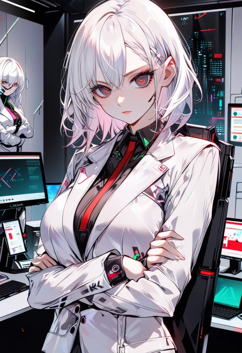anime girl with white hair and black eyes standing in front of a computer, best anime 4k konachan wallpaper, cyber school girl, digital cyberpunk anime art, cyberpunk anime girl, anime cyberpunk art, digital cyberpunk - anime art, modern cyberpunk anime, cyberpunk anime art, anime style 4 k, girls frontline style, female cyberpunk anime girl, cyberpunk anime girl in hoodie