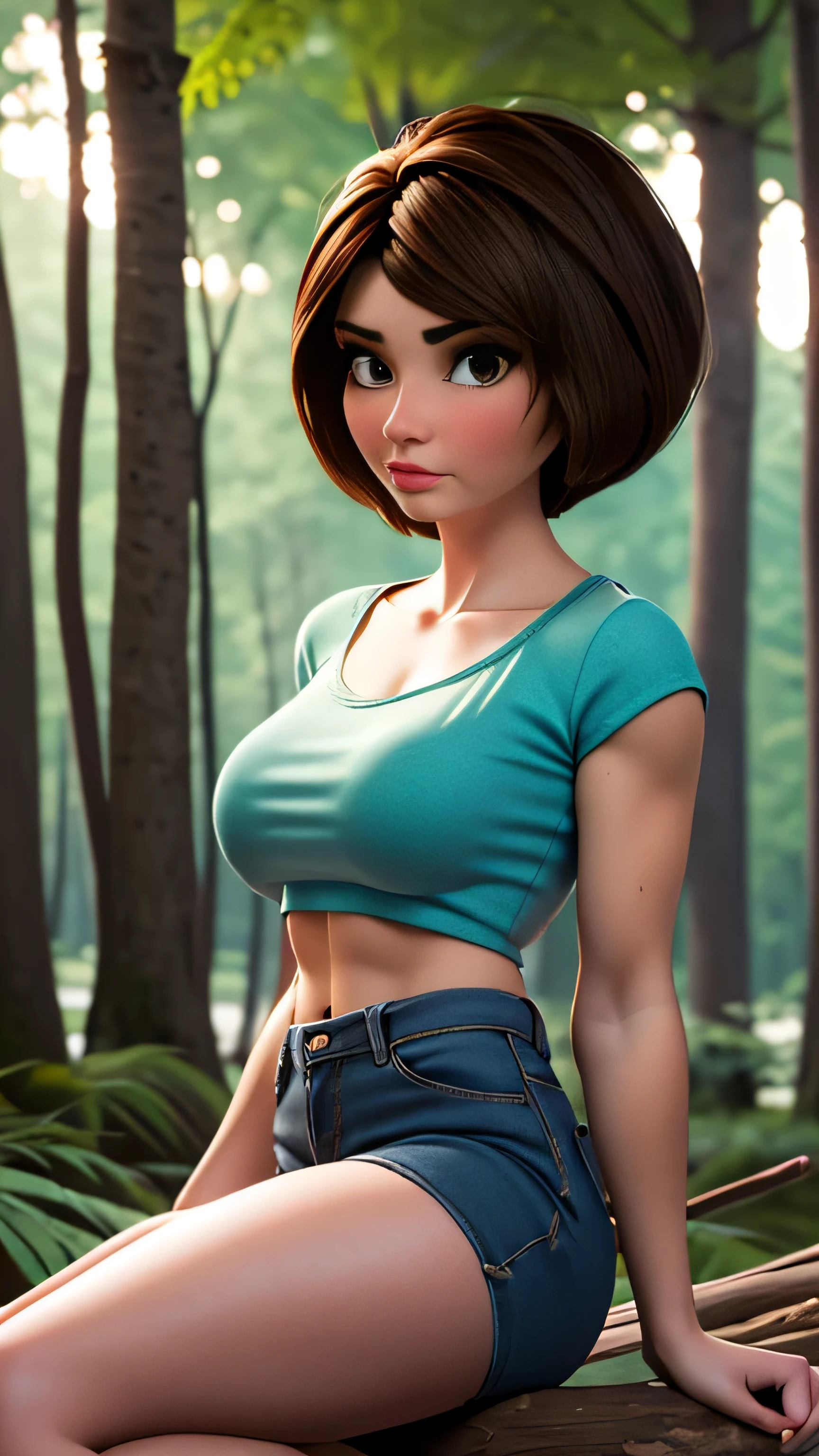 photo of mlp Meowko, RAW, beautiful woman, ((portrait)), ((detailed face:1.2)), ((anime, face, anime facial feature, clear skin, glossy lips, shiny luscious lips, clear skin), ((brunette, short hairstyle, pixy haircut: 1.55)),  (perfect proportioned body, Strong, muscular, narrow waist, narrow hips, skinny, large breasts), (wearing tight low cut cropped t-shirt), (sitting on a log in the forest), (realistic photo, best quality, detailed), (8k wallpaper), (cinematic lighting, beautiful light, (noon:1.3)) (sharp focus, intricate)