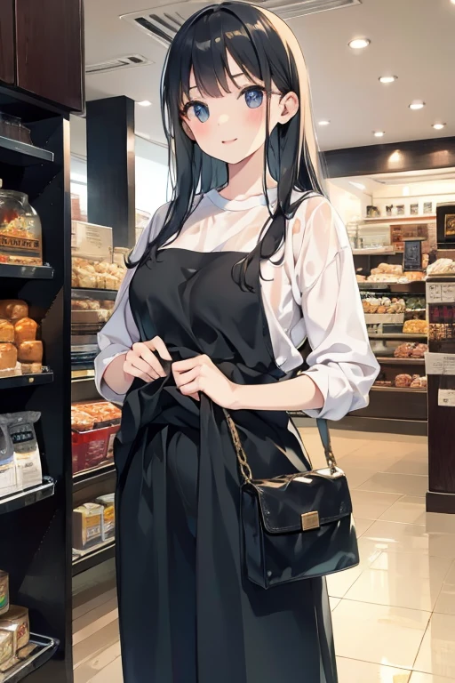 1girl, ((shirt lift)), bag, bangs, standing, black eyes, shiny skin, light smile, masterpiece, best quality, ultra quality, high quality, realistic, photo realistic, RAW photo, hyper detailed, intricate detailed, film grain, department store, multiple girls,