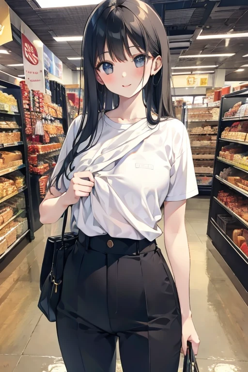 1girl, ((shirt lift)), bag, bangs, standing, black eyes, shiny skin, light smile, masterpiece, best quality, ultra quality, high quality, realistic, photo realistic, RAW photo, hyper detailed, intricate detailed, film grain, department store, multiple girls,