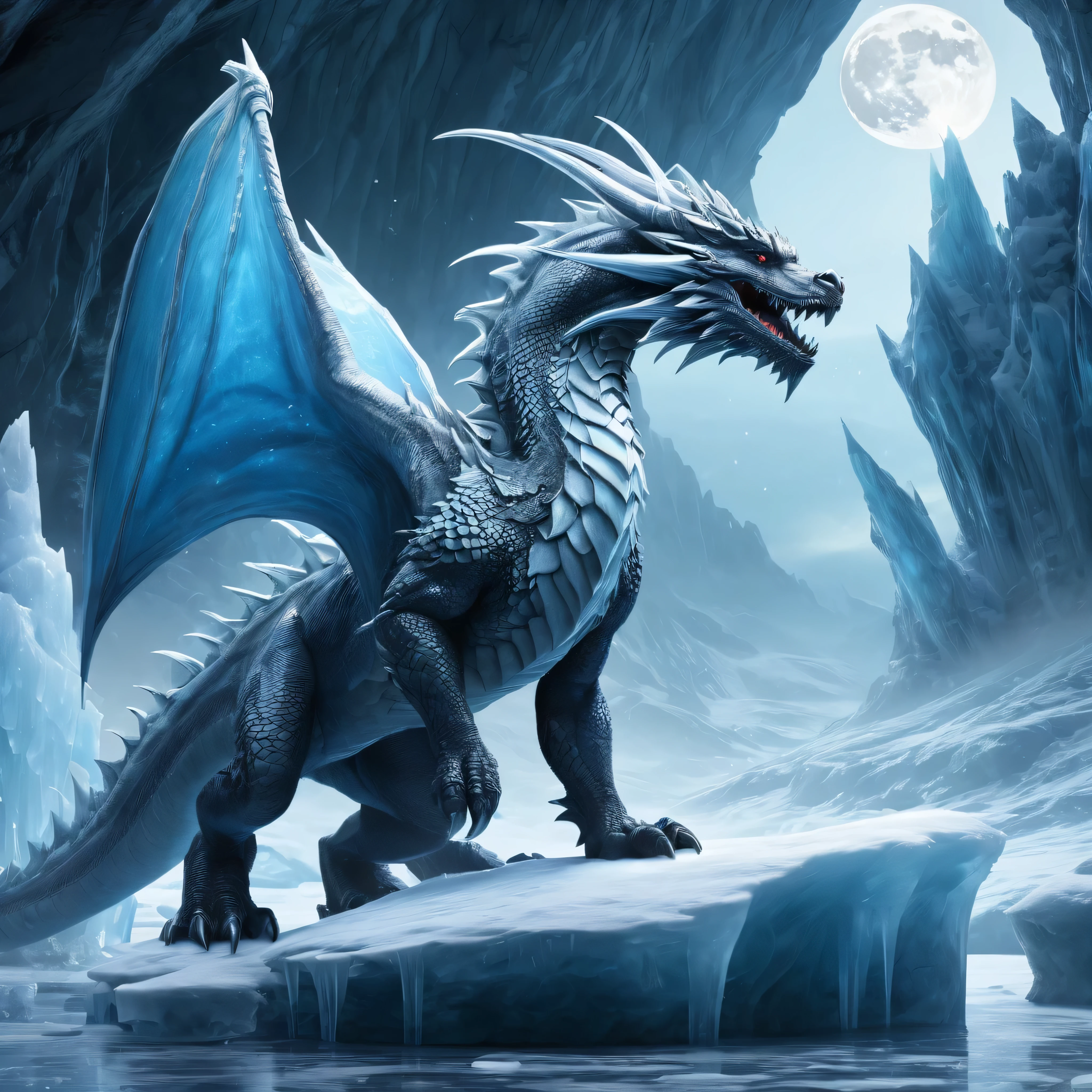  (extreme long shot), BREAK, A frost dragon with (2 wings) in an ice cave, ((((ice pillars in the foreground, dragon partially hidden by ice)))), BREAK, mystical creature, realistic, ultra detailed, masterpiece, dynamic pose, moonlit through the ice, 