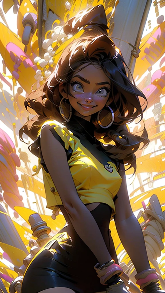 Anime style illustration of a female character with black and brown hair.., smiling on a yellow background. The artwork features bright colors.., Sharp focus with high resolution and high level of detail. It has a perfect composition in anime art style with Japanese manga art style... The rendering is of the best quality in the style of Akira Toriyama and Nyo... --AR 21:32