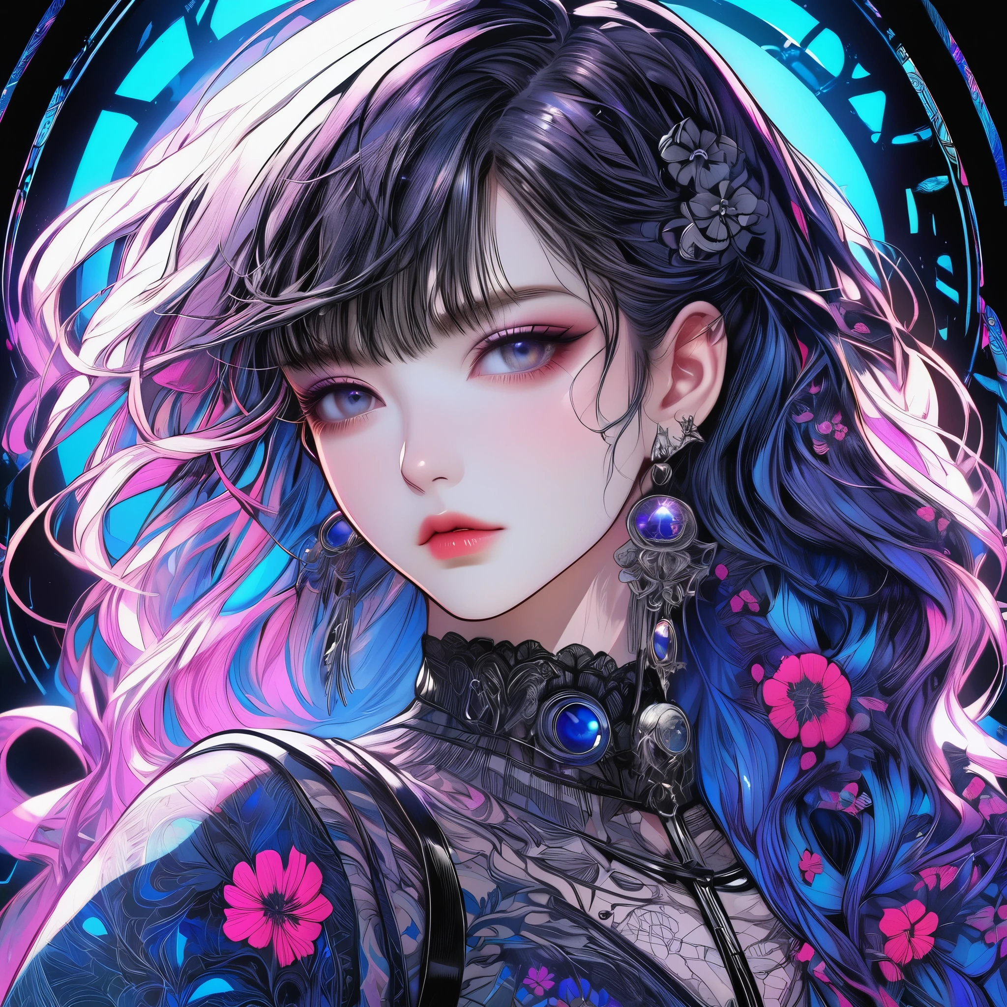 {Lowest Quality, Low Quality)}, ((closeup)), A stunning anime girl with an intricate floral tattoo on her neck, exuding elegance and beauty.,in the style of neon realism, dark pink and light black, gothic art nouveau, anime-inspired character designs, dark white and indigo, bold yet graceful, cyberpunk manga, detailed costumes, Best Quality, Super Detailed,