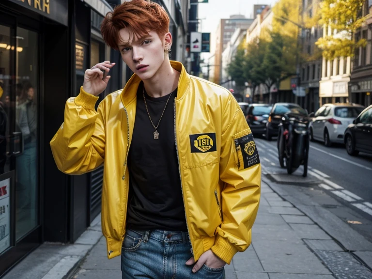 redhead man 20 years old, delinquent, swearing, wearing yellow jacket with white, wearing black jeans, in your city, best qualityer.