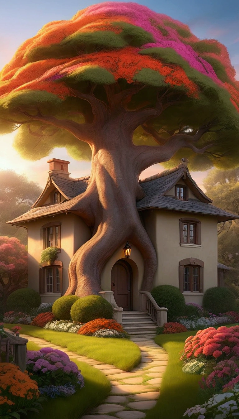 Imagine a serene landscape where a large tree stands majestically on the left, and a quaint house nestles on the right. The sky is ablaze with the colors of a dramatic sunrise or sunset, casting a warm glow over the scene. A winding path leads up to the house, bordered by lush flowers and greenery. Describe the emotions and thoughts of someone walking down this path, taking in the beauty of their surroundings.”