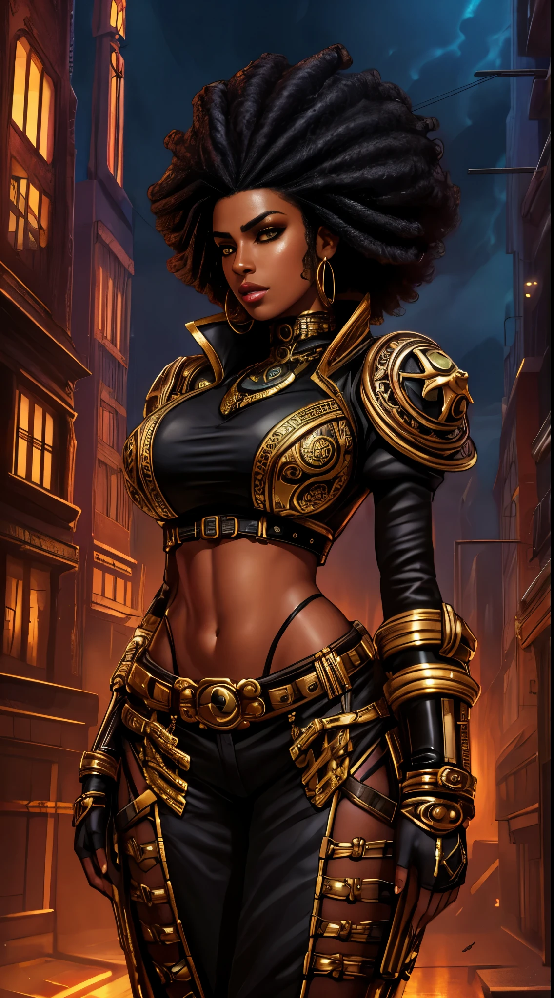 black woman, afrofuturism, sexly, slutty, dark skin, black skin, black hair, Steampunk, brass