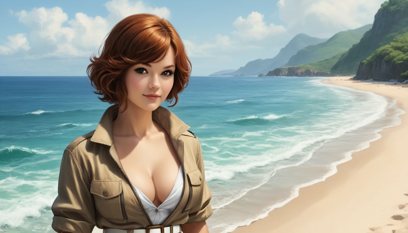 score_9, score_8_up, score_8, style langrisser, source_anime, semi_realistic, a picture of Lucy pinder, April80,1girl,short hair,black eyes,brown hair,cleavage,belt,white belt,wristwatch,jumpsuit. surfin on a turtle on the sea, beach, sea