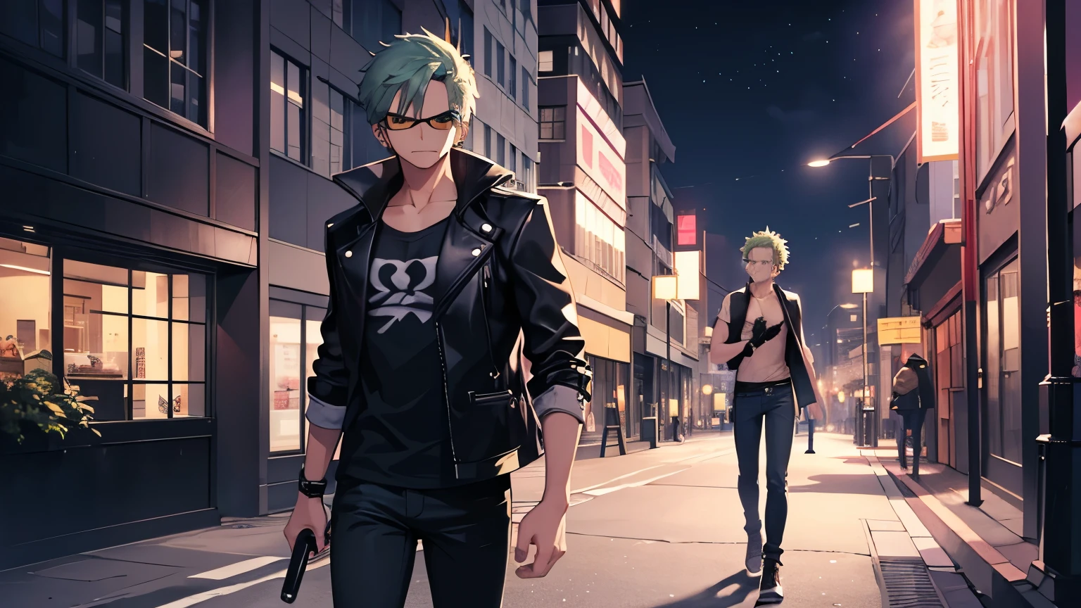 An 18-year-old boy with the air of a youthful bandit walks through the streets of a modern city at night. Her very short green hair, in the style of Zoro from One Piece, contrasts with his penetrating blue eyes that are hidden behind dark glasses. Dress with a black leather jacket, tight t-shirt and worn jeans, emanating an attitude of rebellion and confidence. The light from the street lamps reflects on his face as he walks through the shadows of the buildings, his figure wrapped in an aura of mystery and danger.