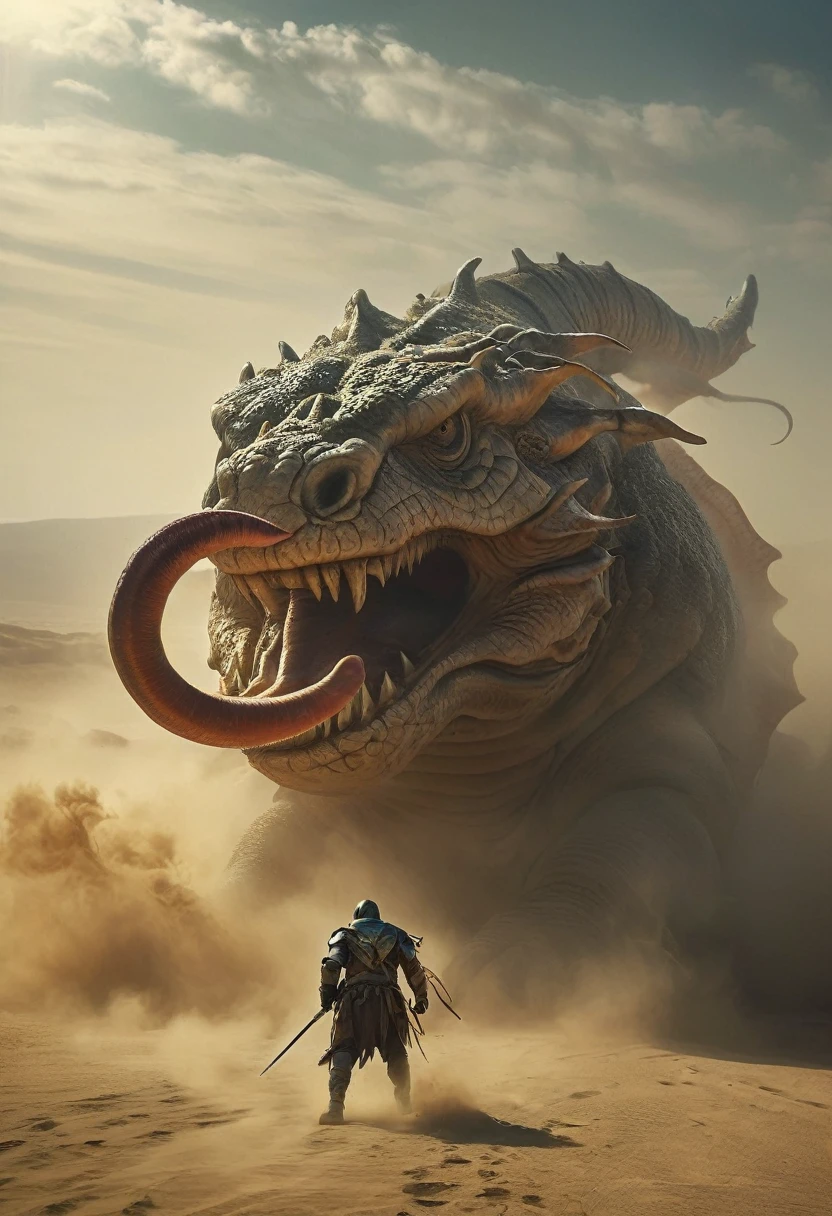 amazing quality, masterpiece, best quality, very detailed, very detailed, uhd, complete anatomy, portrait, degree of freedom, surrealism, majestic, exorbitant, inspirational, boss style, An Antini knight fighting a huge, fat Lindworm in the Dusty Desert., atmospheric fog, cinematic composition, soft shadows, national geographic style
