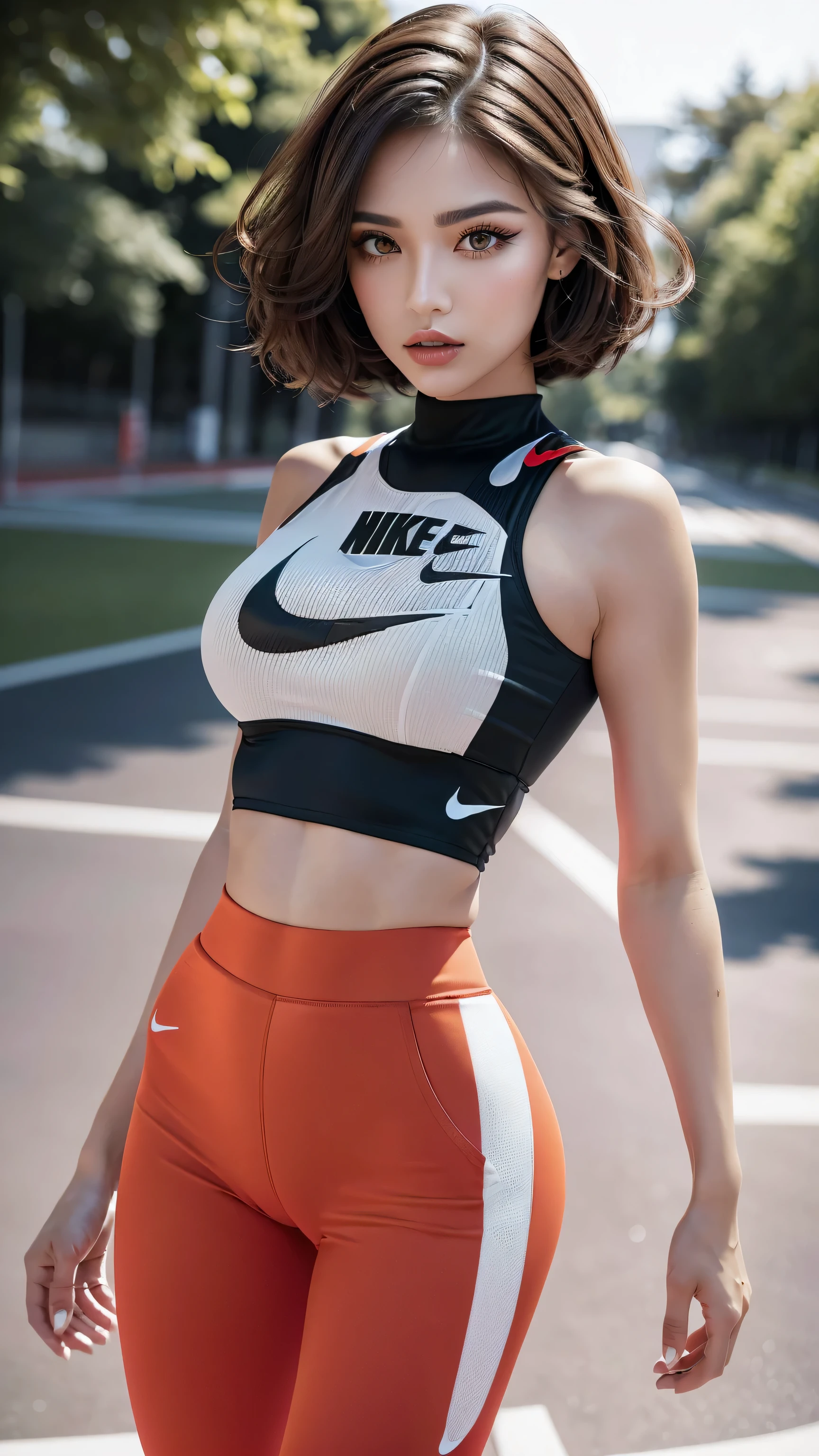 quality\(((ultra high resolution))), ((An improvement of the most absurd quality:1.2)), (((photorealistic Realism 16K Quality))), vivid colors, (vivid colors, multicolor ((white, orange, Red, black)) in her outfit:1.25), (ultra-fine digital art\), ((Realistic eyes clear, sharp, absurd quality, not blurry brown_eyes:1.3)), (super detailed professional makeup on eyes:1.3), (highest quality texture skin), (Highly quality texture hair), (curly hair, ((slicked to the two side)), intricately details:1.3), (perfect proportions), (narrow waist), medium ass, beautiful cheekbones,slim belly:1.2, ((slim-muscled body:1.32)), ((firm and full breasts)), ((super details beautiful face)), (pink_makeup:1.3), (blue_eyelashes, (glossy red_lipstick:1.21), (perfect dark_eyeshadows:1.45), (super detailed professional makeup on eyes:1.2), (droopy eyes:1.3), Dark Eyes, Thin eyebrows, Carefully draw eyelashes), Eyelash extensions, Gal Makeup, red teak, realistic dull skin noise, visible skin detail, BREAK,\ in (sport style([red: running epic pants])extremely details:1.3), and[black: sports crop top], heart, [yellow: footwear(sneakers)], ((Wearing nike: [ultra smooth] Wearing tight fitting outfit:1.4)), ((very dynamic pose, while running:1.33)), official art, Professional, Ultra intricate detailed, 8k, (light pale complexion), ((upper body shot)), ((in the stadion Grass)), 
