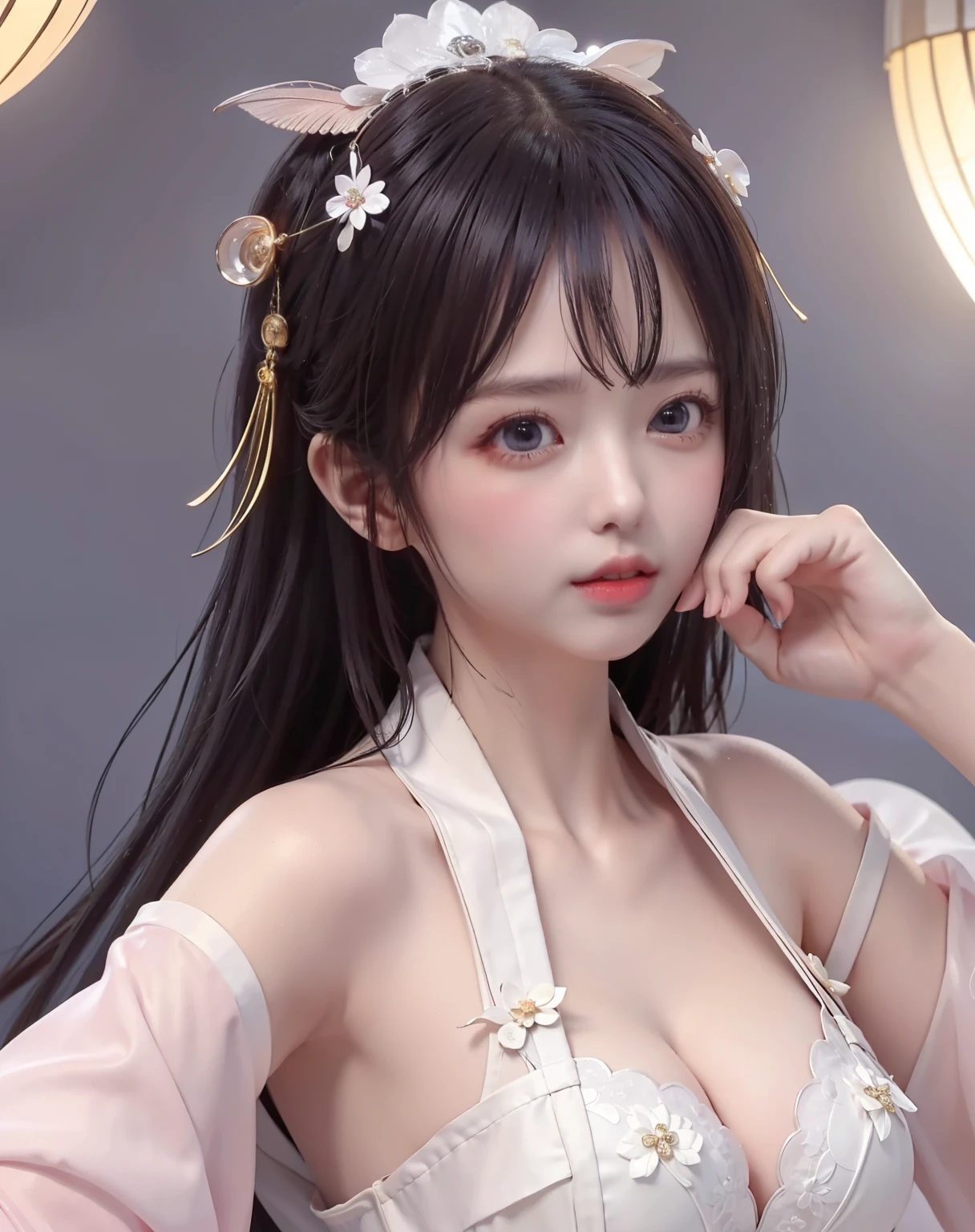 (8k, RAW photo:1.2), best quality, ultra high res,dramatic angle,(fluttered detailed color splashs), (illustration),(((1 girl))),(long hair),(rain:0.9), (Headdress:1.4),There is an ancient palace beside the girl,Hanfu,(Key Points),Color ink painting,(Splash of Color),Splash of Color,(((colorful))),(sketch:0.8) , Masterpiece, best quality, beautiful painted, highly detailed,(denoising:0.6),[splash ink],((ink refraction)), (beautiful detailed sky),moon,highly,detaild,(masterpiece, best quality, extremely detailed） CG Unity 8k Wallpaper，masterpiece，best quality，Ultra Detailed），（Lycoris）. hanfu open v open V-chested clothes Thin silk lace dress , (huge ，cleavage),, white pinkand gren，best qualtiy，tmasterpiece，Ultra-high resolution，（Reality：1.4），RAW photogr，（True skin texture：1.3），（filmgrain：1.3），（Selfie angle），1个Giant Breast Girl，Beautiful eye and face details，tmasterpiece，Best quality at best，，The chest more exposed， detailed hair, bra pink , detail 8k, upper body, lace petticoat