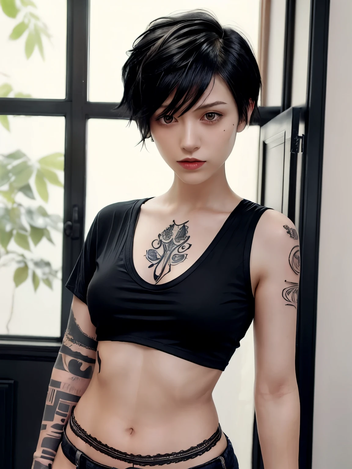 1girl, tomboy, black hair, side-swept pixie hair, cropped shirt, short sleeves, black thong, skinny, indoors, tattoos, arm tattoos, looking at viewer, hourglass figure, pale skin, big breasts