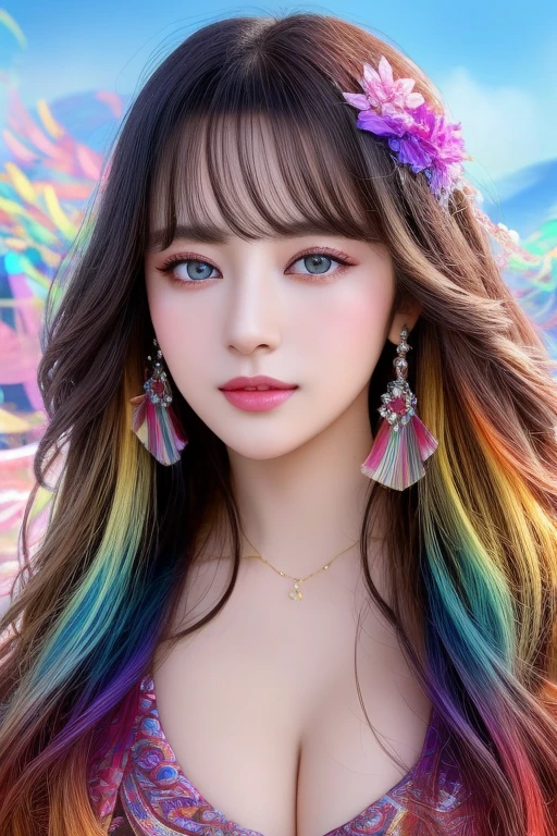 UHD, HDR, 8K, (Masterpiece: 1.5), Floating female statue made of ribbons, colorful colored ribbons, stunning beauty, smoke, sky, colorful and vibrant mysterious colors, detailed design, modern impressionism, portrait, rainbow painting, 3/4 perspective, cute face, beautiful face, detailed face, perfect face, round face, gentle smile, ((talking to the viewer, friendly expression,)), excessive self-expression, joy, drastic swirling composition, big beautiful crystal eyes, (world's most beautiful portrait: 1.5), huge breasts, top, no-beautiful breasts, captivating breasts, sexy , bewitching, happy,