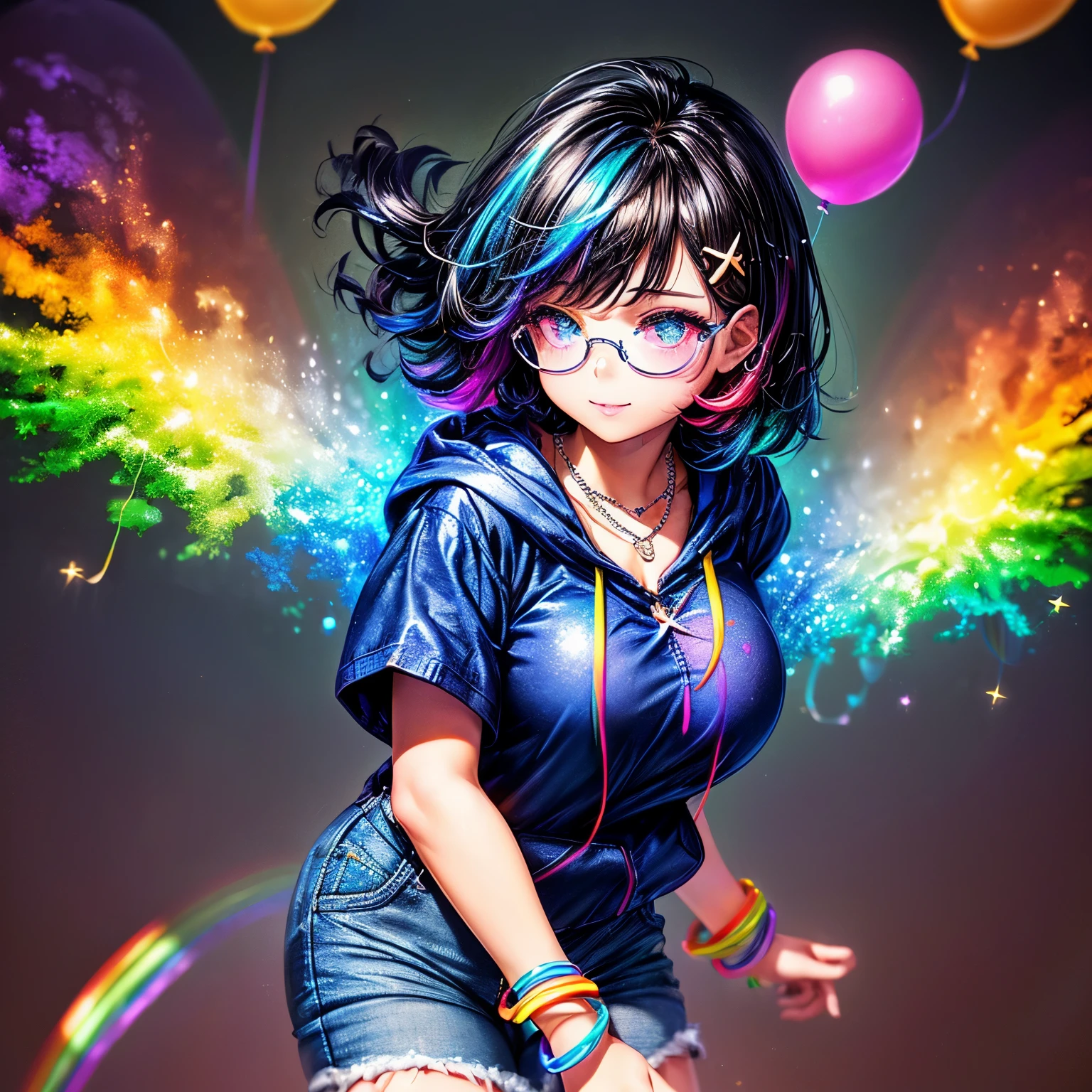 {worst quality, low-quality}, masutepiece,Best Quality,ultra-detailliert,masterpiece, (Background of clear blue sky with rainbow), ((a closeup)), (gals:1.2), ((big breasts)), (black hair short cut:1.3), (Looking back), (cute Pose:1.2),(Uniform: 1.2), (Wear a rainbow-colored oversized zip hoodie on top: 1.4), (jeans hot pants:1.3), plump shiny lips, Beautiful clear eyes, (The best smile), Spoken Heart, ((Necklace,Colorful bracelets,X Hair Ornament):1.2), (Rainbow-colored frame under-rim glasses:1.4), ((glow rainbow)), (rainbow particles, rainbow sparkles, rainbow rays:1.4), ((Background of many floating balloons:1.5)), 🎈,