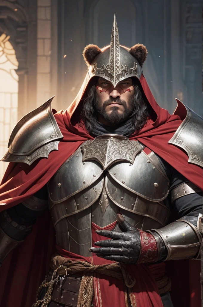 Faça um personagem de RPG d&d, which is a large bear in iron armor that is large and strong, and reminiscent of royalty, and has a red cape, besides covering your face to the point where it doesn&#39;t look like anything.Let the image be his entire body 